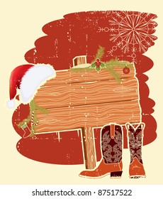 Billboard frame with cowboy boots and Santa's red hat on wood wall.Vector christmas background for text