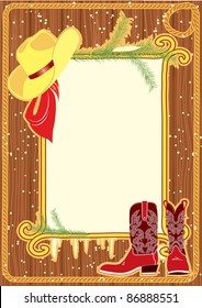 Billboard frame with cowboy hat and boots.Vector christmas background