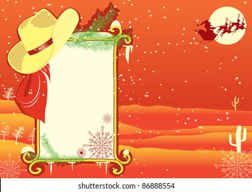Billboard frame with cowboy hat and boots.Vector christmas background