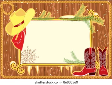 Billboard frame with cowboy hat and boots.Vector christmas background