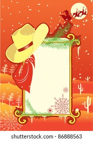 Billboard frame with cowboy hat and boots.Vector christmas background