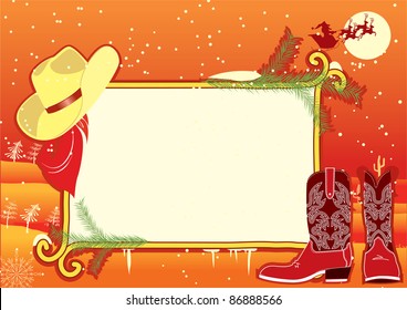 Billboard frame with cowboy hat and boots.Vector christmas background