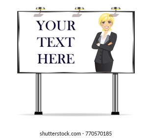 Billboard with free space for your text and image of a beautiful business woman in business clothes