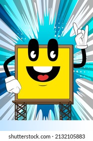Billboard with hands in rocker pose. Cute cartoon advertisement sign, banner character.