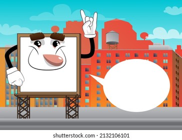 Billboard with hands in rocker pose. Cute cartoon advertisement sign, banner character.