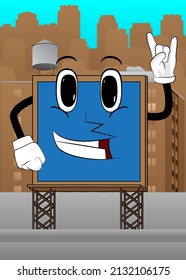 Billboard with hands in rocker pose. Cute cartoon advertisement sign, banner character.