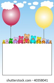 billboard hanging on colored balloons and a line of teddies
