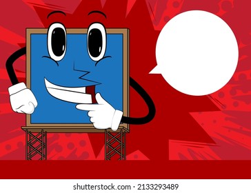 Billboard holding finger under his mouth, thinking. Cute cartoon advertisement sign, banner character.