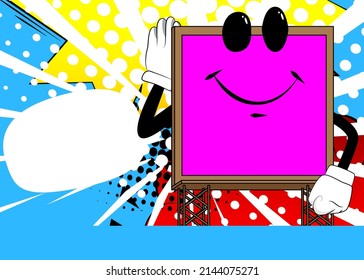 Billboard holds hand at his ear, listening. Cute cartoon advertisement sign, banner character.
