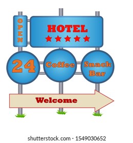 Billboard of a hotel with all needed information. Vector illustration isolated on white background.