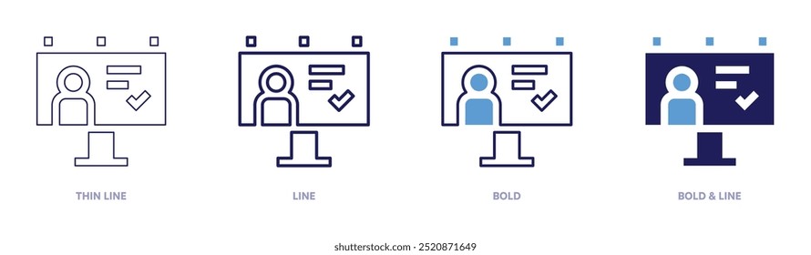 Icono de cartelera en 4 estilos diferentes. Línea delgada, línea, negrita y línea negrita. Estilo duotono. Trazo editable.