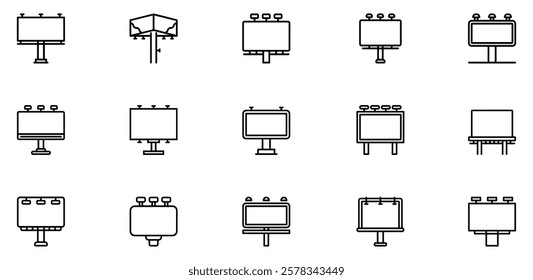 Billboard icon set. Advertising marketing symbols. Billboard, signboard outline icons. Billboard icon set. Advertising publicity advert unipole pictogram line sign. Vector Illustration. EPS 10