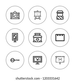 Billboard icon set. collection of 9 outline billboard icons with billboard, canvas, display, easel, stand, showtime icons. editable icons.