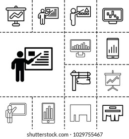 Billboard icons. set of 13 editable outline billboard icons such as teacher, graph on display, graph on board, direction board
