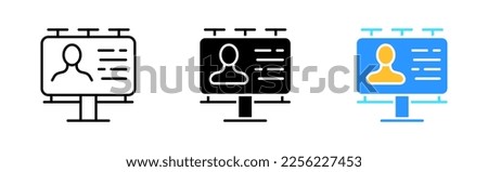 Billboard icons set. Advertising, election campaign, presentation, tribune, person, presentation, expert, team, work, board. business concept. vector line icon in different styles