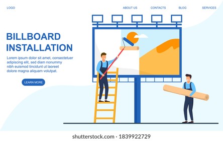 Billboard Installation concept with with two men pasting a banner on a roadside Billboard. Flat cartoon vector illustration. Web page or website template.