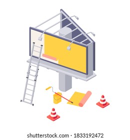 Billboard installation isometric vector illustration - process of sticking advertising on big city ooh banner. Isometric billboard with ladder, bucket and roller for installation of outdoor ad.