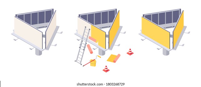 Billboard installation isometric vector with various stages of sticking advertising on big city ooh banner. Isometric billboard with ladder, bucket and roller for installation of outdoor ad.