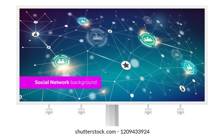 Billboard with Interaction in internet network. Business or social media networks. Double exposure on set of posters. Cloud-based Application in VR, 3D vector illustration.