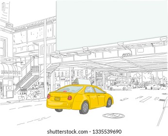 Billboard, large, blank for your text. City street scene, with a yellow taxi with additional blank space for text. Urban, isolation, nightlife feel. Hand drawn vector illustration.