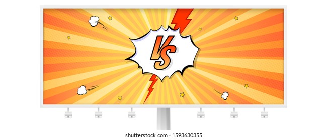 Billboard with letters VS on background in comics style. Template for sports and fight, martial arts, competition. Background with halftone effect, sun rays and lightning. Vector 3d illustration