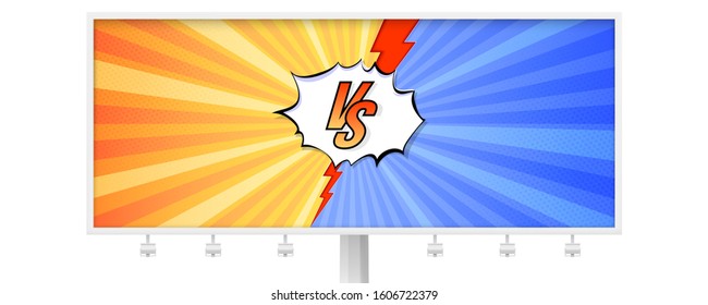 Billboard with letters VS on background in comics books style. Template for sports, martial arts, competition. Red and blue background with halftone effect and red lightning. Vector 3D illustration