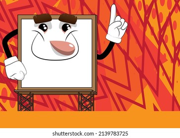 Billboard making a point. Cute cartoon advertisement sign, banner character.