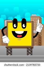 Billboard making a point. Cute cartoon advertisement sign, banner character.