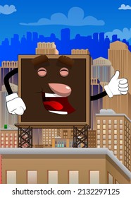 Cartel haciendo el pulgar hacia arriba. Señal de publicidad de dibujos animados, personaje de pancartas.