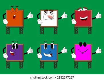 Billboard making thumbs up sign. Cute cartoon advertisement sign, banner character.