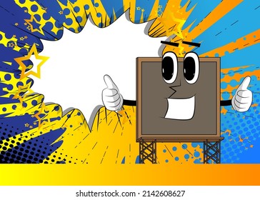 Billboard making thumbs up sign with two hands. Cute cartoon advertisement sign, banner character.