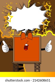 Billboard making thumbs up sign with two hands. Cute cartoon advertisement sign, banner character.