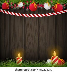 Billboard "Merry Christmas" on the texture black of wood, tree toys, garland, candles with sprigs of the Christmas tree. Vector