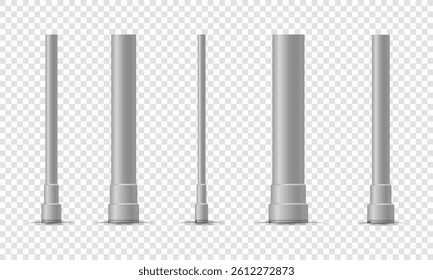 Billboard mockup with glossy aluminum surface and round post features white road background with 3D vector pillar and steel base in street construction concept with blank sign and polished stand