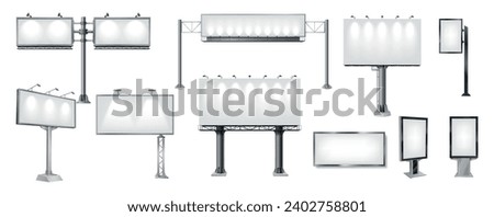 Billboard mockups realistic vector illustration set. Different advertising templates 3d objects isolated on white background. Outdoor promo