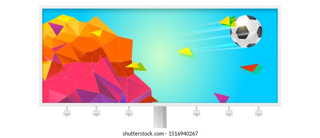 Billboard with modern sport banner for football tournament, competition or championship. Soccer ball flying for goal. Geometric background with abstract colored triangles. Vector 3d illustration.