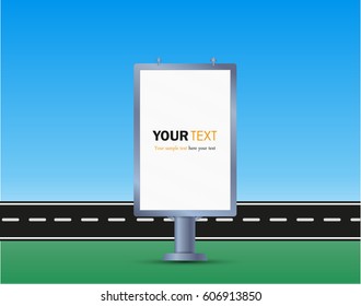 A Billboard near the road, sidewalk sign advertising banner,blank, post,advertising and text.vector illustration.grass and sky.