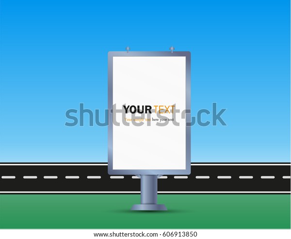 A Billboard near the road, sidewalk sign advertising\
banner,blank, post,advertising and text.vector illustration.grass\
and sky.