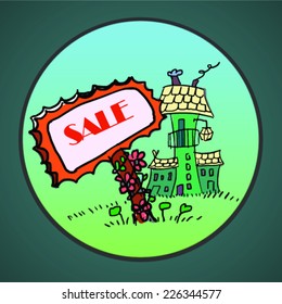 billboard on discounts in the fairy village. Vector illustration.