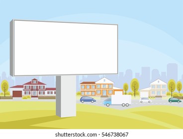 Billboard on the side of the highway. The cottage settlement on the suburb of the big city. Vector background