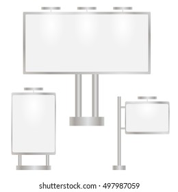 A billboard in the open air with a white screen. Set of blank advertising screens. Place for your special offers. Vector illustration.
