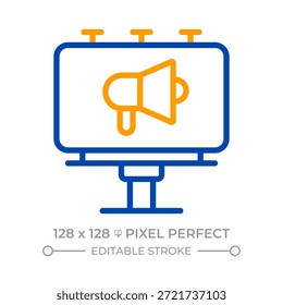 Billboard Pixel perfekt zwei Farben Linie Symbol. Große Außenwerbung Struktur. Straßeninfrastruktur zweifarbiges Umrisssymbol. Lineares Piktogramm mit Duoton. Isolierte Abbildung. Bearbeitbarer Strich
