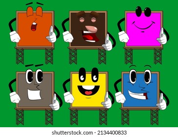 Cartel apuntando al espectador con la mano. Señal de publicidad de dibujos animados, personaje de pancartas.