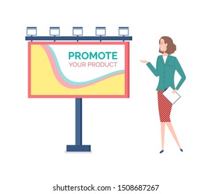 Billboard with promotion of ad, woman presenting new way of business involvement, board with abstract design and text, lights and info advertisement. Vector illustration in flat cartoon style