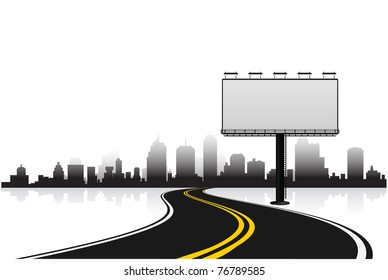 billboard with road and city background