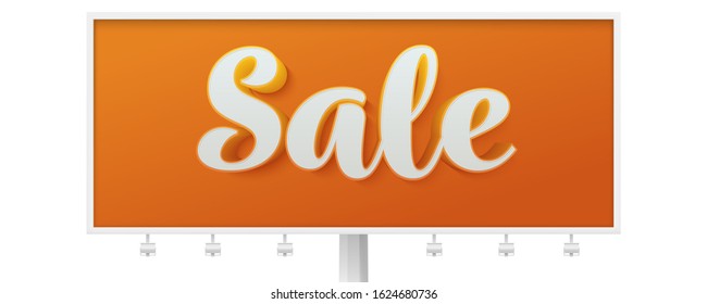 Billboard for Sale auctions. Bright design of sticker, tag or label. Volumetric lettering. 3d vector illustration, eps10. Vintage text on orange background