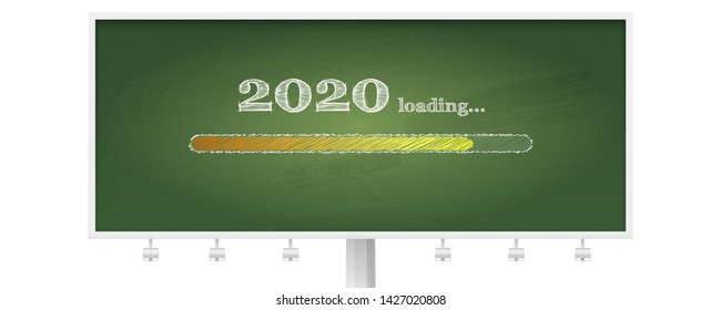 Billboard with school green chalkboard and progress bar counting down for New 2020 year s eve. Handwritten lettering of chalk on blackboard in doodle style. Counting of time reaching a New Year