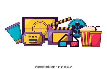 billboard screen countdown ticket reel 3d glasses speaker cinema movie vector illustration