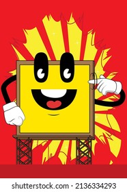 Billboard shows a you're nuts gesture by twisting his finger around his temple. Cute cartoon advertisement sign, banner character.