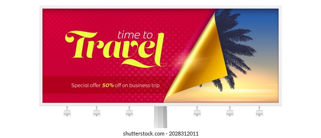 Billboard with silhouette of palm on sunset background. Golden corner of paper opens an offer. Time to travel. Vector 3d illustration.